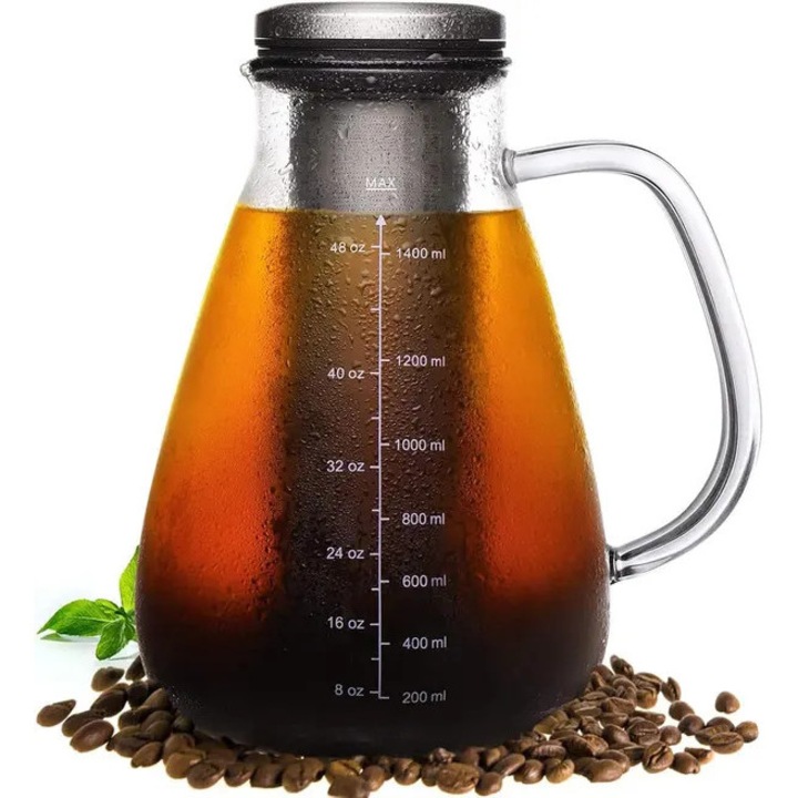 Cafetiera pentru cafea rece, filtru inox, capac etans, sticla, 1.2L