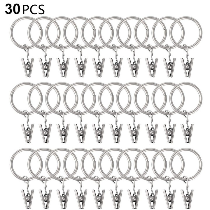 Set 30 inele metalice cu clipsuri pentru perdele, rezistente, argintiu, 25x32mm
