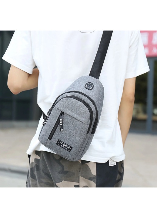 Rucsac crossbody YANYXR gri 30x18x6cm cu gauri USB si casti, multifunctional