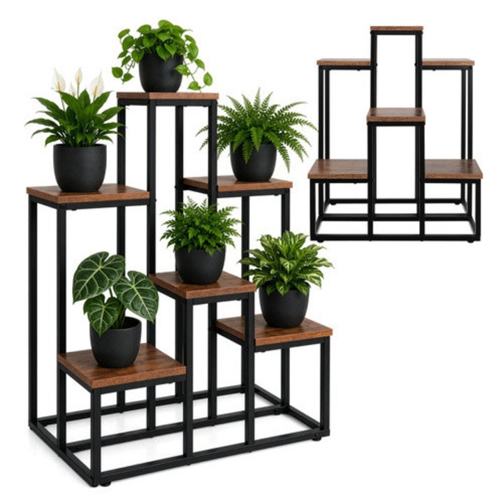 Suport Metalic Flori si Plante de Podea GARDLOV, Raft Tip Etajera, Stil Loft cu 6 Trepte, Cadru de Fier si Blat MDF nuanta Lemn, Picioare Nivelare Antiderapante, Sarcina Maxima 36 kg, 67x34.5x51cm