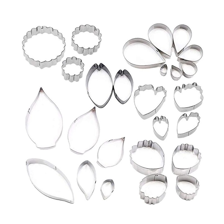Set 26 forme prajituri inox, trandafir si crin, argintiu, 6x6x2cm