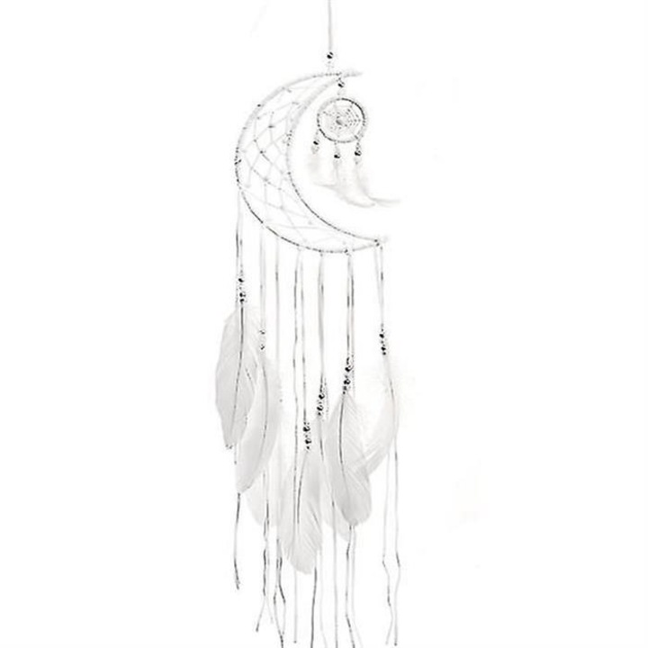 Decoratiune perete macrame, model Luna Noua, pene albe, 40x60cm
