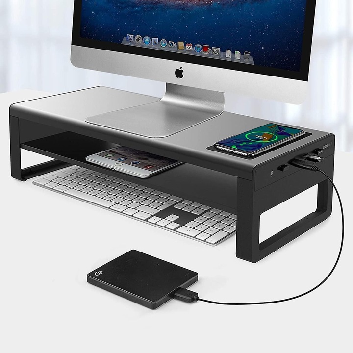 Suport monitor aluminiu 2 niveluri incarcare wireless USB 3.0 negru