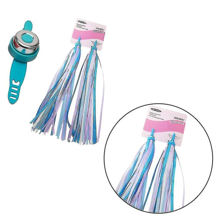 Set accesorii bicicleta copii, ciucuri albastri, clopotel rosu, 27x3x1cm