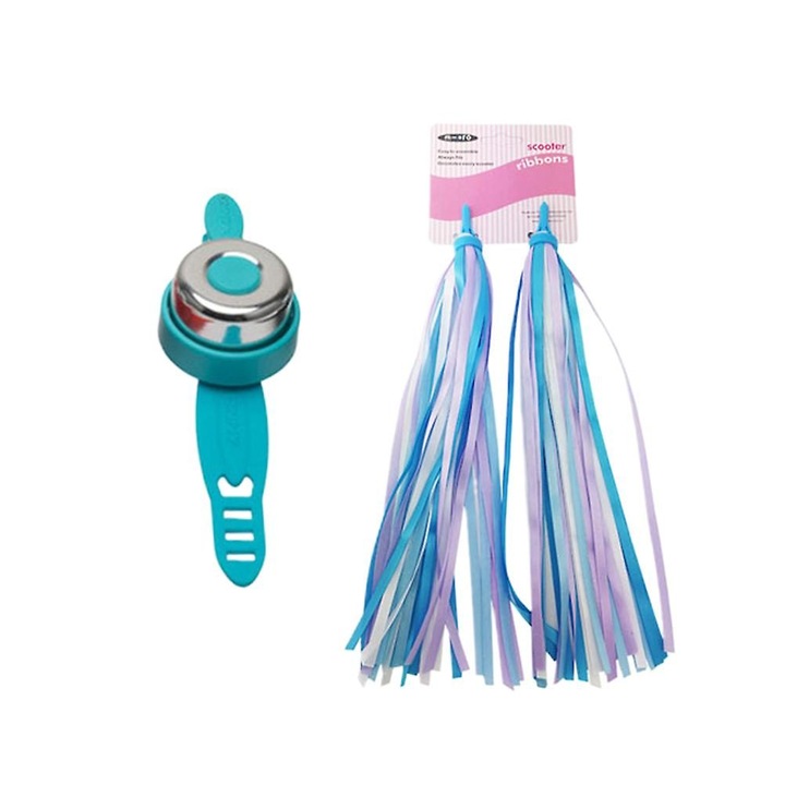 Set accesorii bicicleta copii, ciucuri albastri, clopotel rosu, 27x3x1cm
