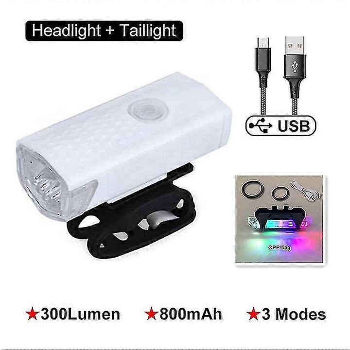 Kerékpár lámpa szett első-hátsó, LED, USB, fehér, 7.5x3x2cm