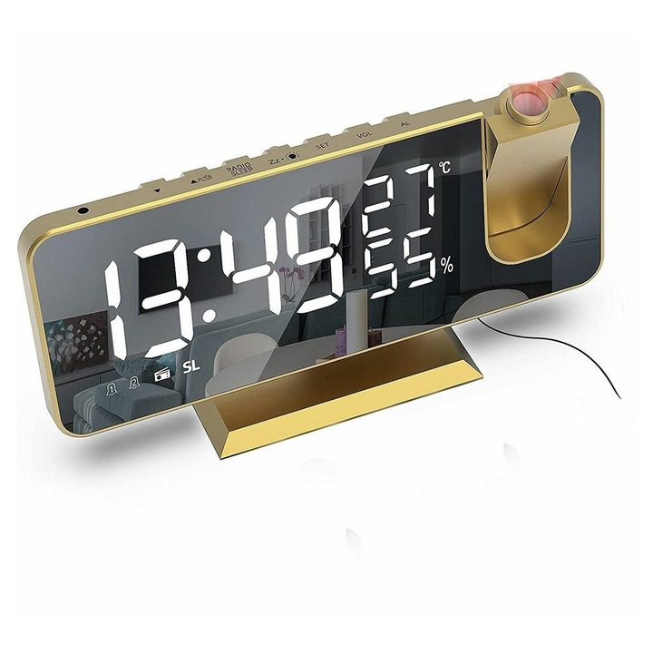 Ceas desteptator digital cu proiectie si incarcator USB, ecran oglinda 7.4 inch, auriu, 180° ajustabil