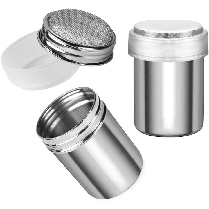 Set 2 dozatoare pudra inox, capac 7oz, sita fina, capac plastic