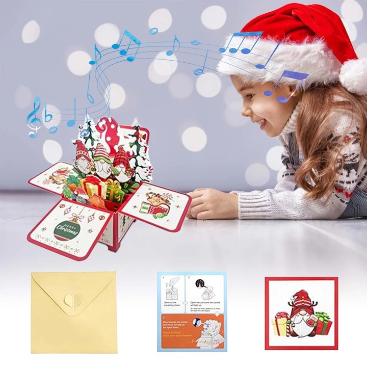 Felicitare muzicala Craciun YANYXR brad albastru lumina LED 7x7x18cm