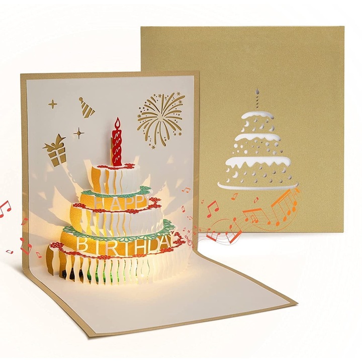 Felicitare muzicala aniversara 3D pop-up cu plic aurie unisex