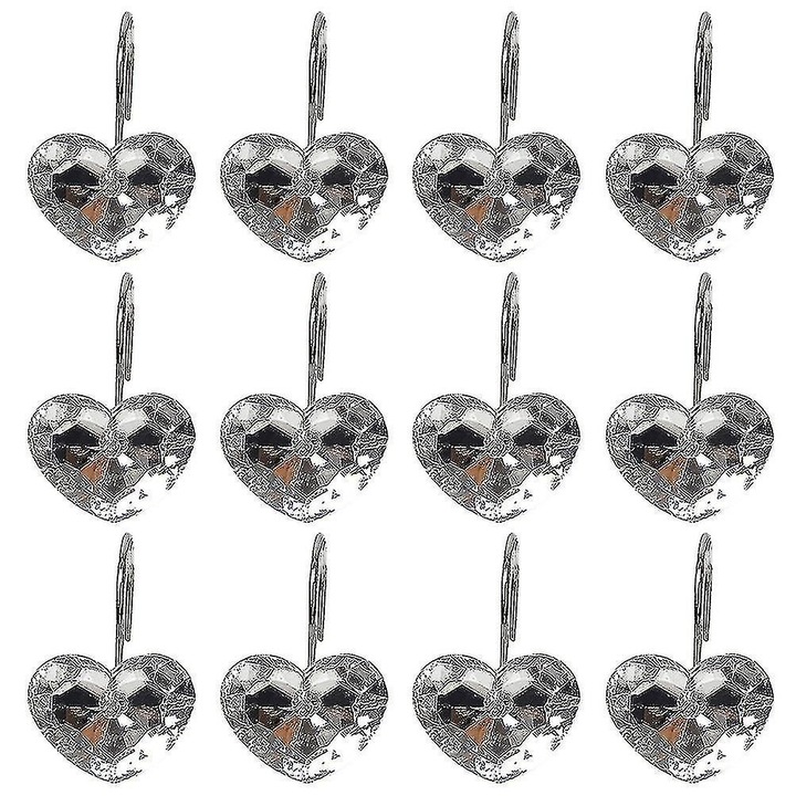 Set 12 carlige perdea inima acrilice argintiu 4.3x3.5x3 cm