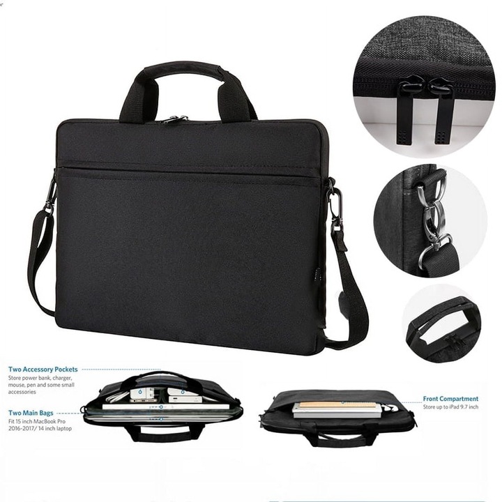 Geanta laptop multifunctionala 13-15 inch, negru, curea ajustabila, manere retractabile