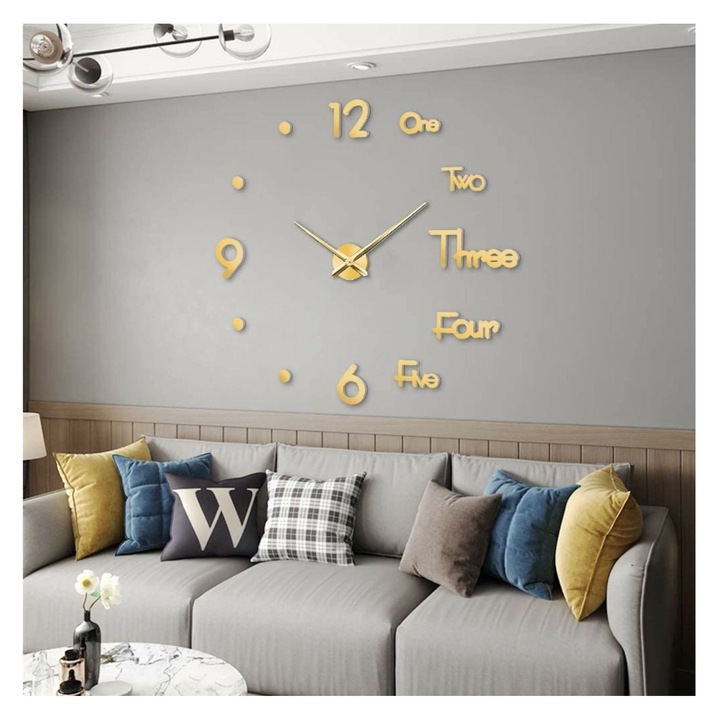 Ceas de perete mare 3D DIY, silentios, modern, negru, 60x60cm