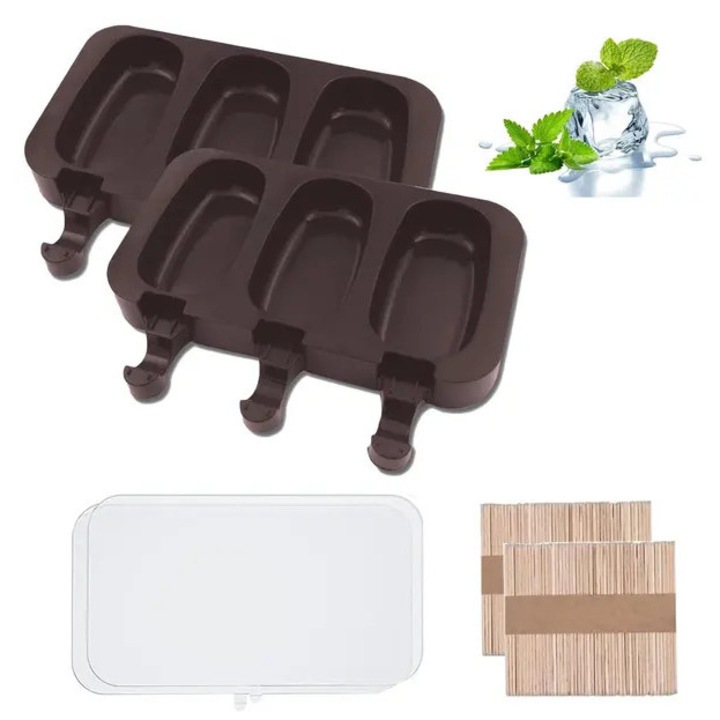 Set 2 forme siliconice pentru inghetata oval, 3 gauri, 100 betisoare lemn, 18x10x4cm