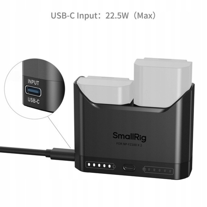 Incarcator dublu SmallRig 5489 pentru acumulatori Sony NP-FZ100, USB-C, 83x64x27mm