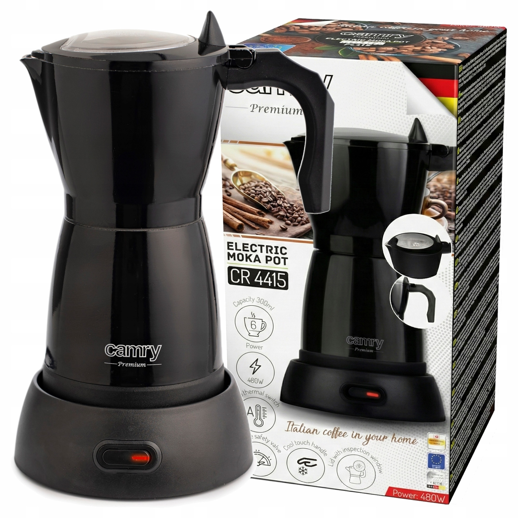 Cafetiera Moka electrica Camry CR 4415B (9GW7407U), 300 ml (6 cesti), 480 W, corp din aluminiu, negru