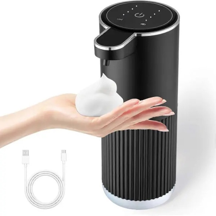 Folyékony szappan adagoló 380ml fekete USB-C újratölthető falra és asztalra szerelhető