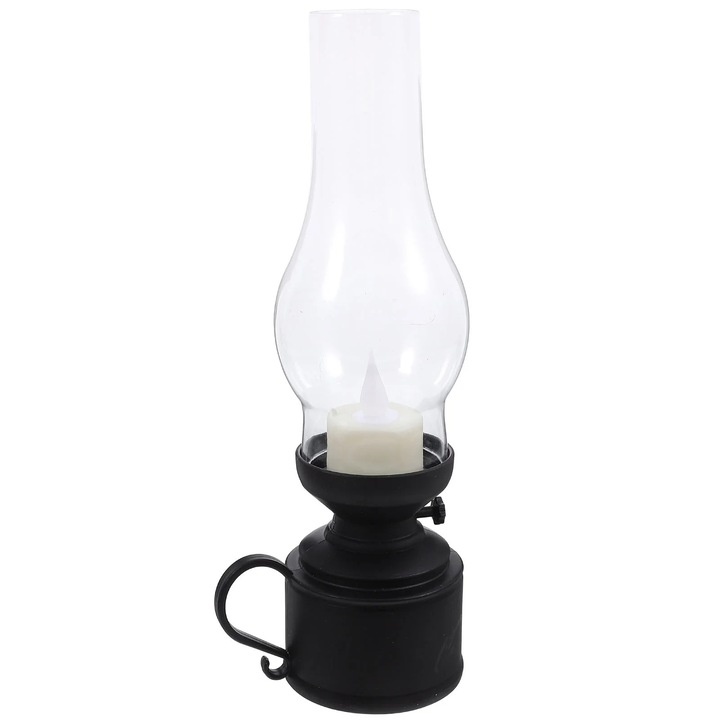 Lampa LED tip felinar ZYBLSSBB LSM2xh13975-BCS0170036-1, stil vintage, corp din PP cu glob de sticla si lumanare LED, alimentare 3xAAA, negru, 24.5 x 9.4 x 6.8 cm
