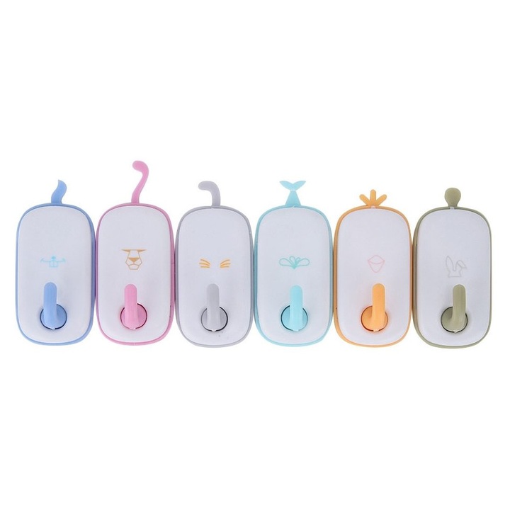 Set 6 cuiere perete fara gaurire, design desen animat, multicolor, 7x4cm