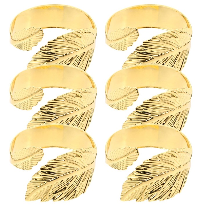 Set 6 inele servetele metalice, frunza, auriu, 5x5x3cm