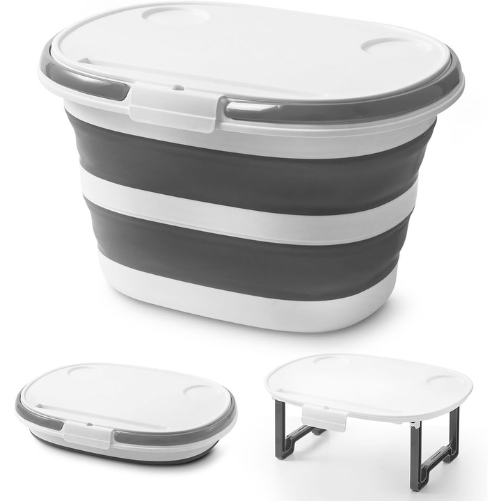Galeata pliabila 16L cu capac multifunctional 4-in-1, silicon, portabil, culoare alba