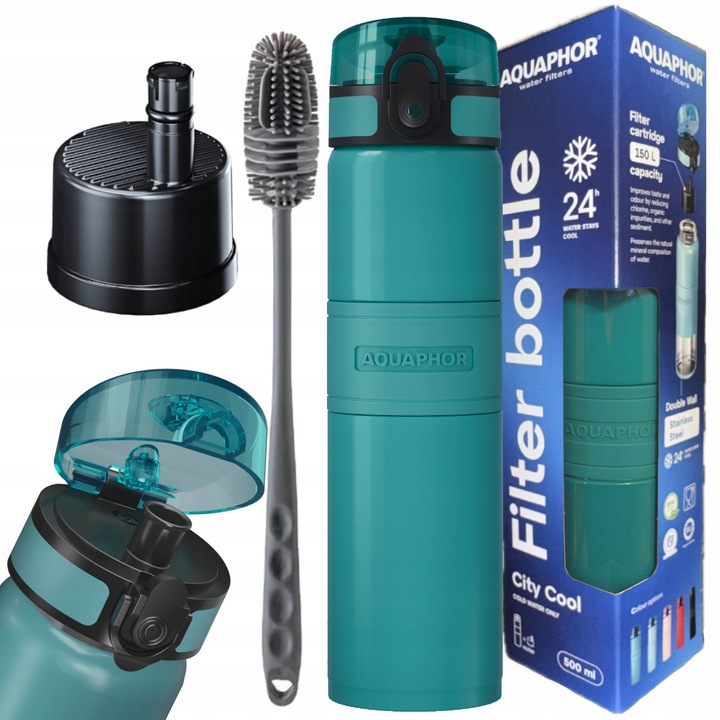Sticla filtranta termica Aquaphor City Cool turcoaz 0,5L set cu perie siliconica