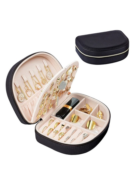 Cutie organizator bijuterii dublu strat piele PU negru 16x12x5.5cm