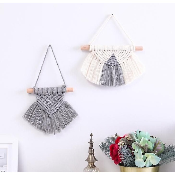 Set decorativ macrame boho, 2 modele, alb, 15x20cm