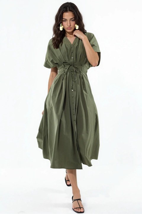 Rochie camasa Midi Busem, casual, verde masliniu, bumbac si poliester, decolteu in V, maneci scurte