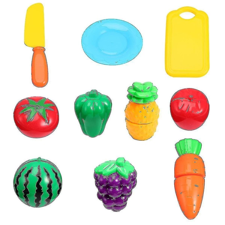 Set jucarie taiat fructe legume, 10 piese, plastic, multicolor, 19x17x6cm