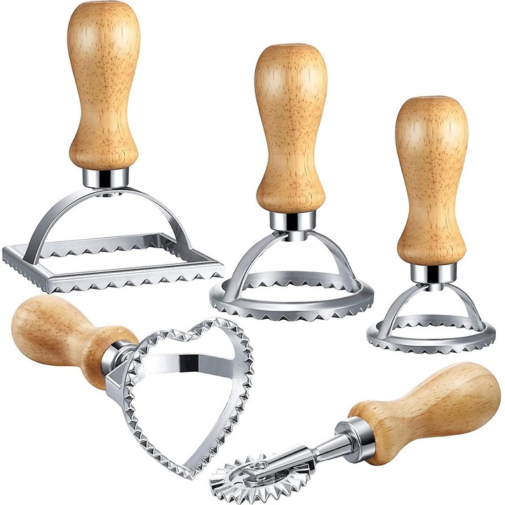 Set 5 piese pentru ravioli din lemn de stejar si inox, ergonomic, maro, 20x10x5cm