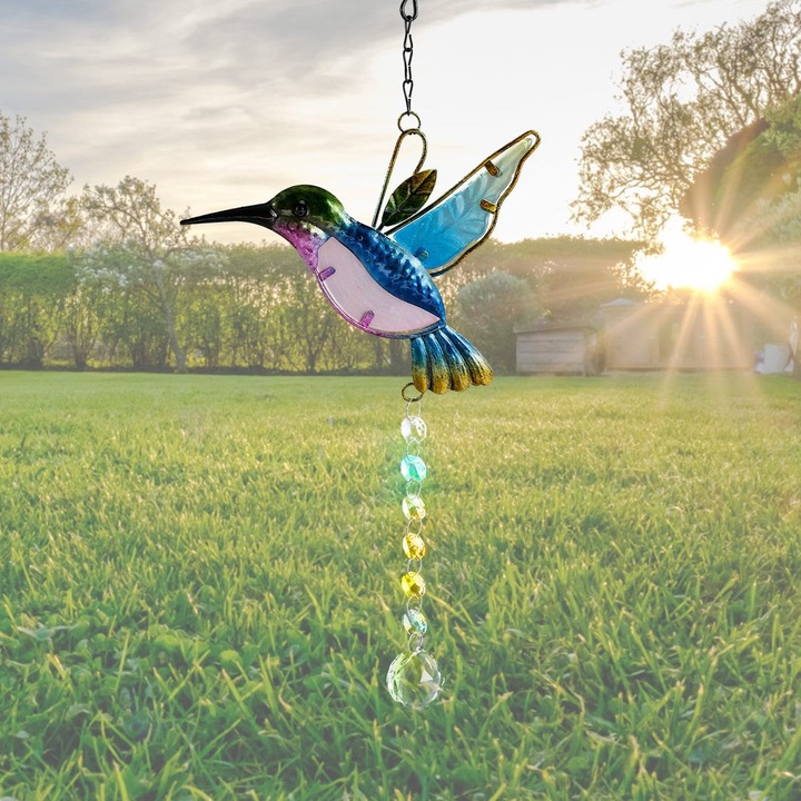 Decoratiune fereastra colibri sticla aluminiu verde 19x16cm
