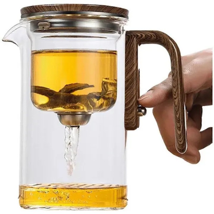 Ceainic sticla 600ml cu infuzor si filtru maner lemn transparent