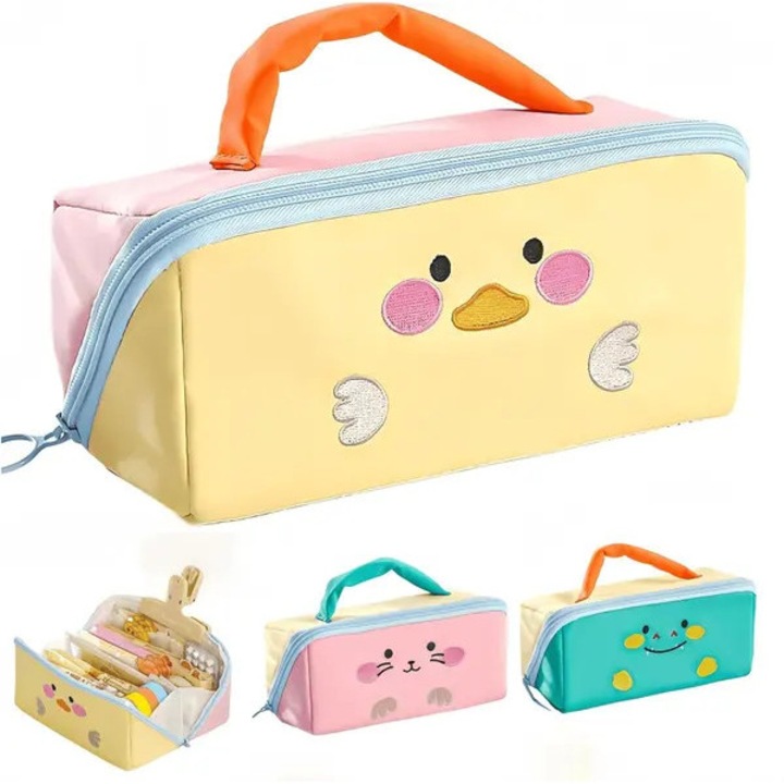 Penar multicolor cu animal kawaii, capacitate mare, maner, 22x10x5cm
