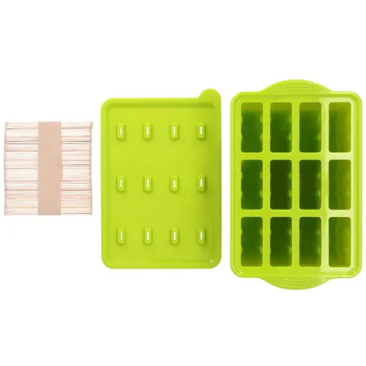 Forma de inghetata din silicon, 12 compartimente, capac si 50 betisoare, verde, 9x13x18.5cm