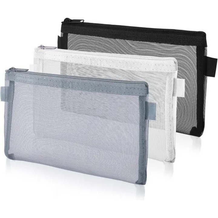 Set 3 Penare transparente, nylon, negru alb gri, 21x12cm
