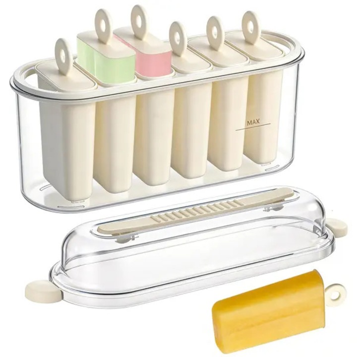 Set forme plastic pentru inghetata 6 gauri cu capac si betisoare transparent
