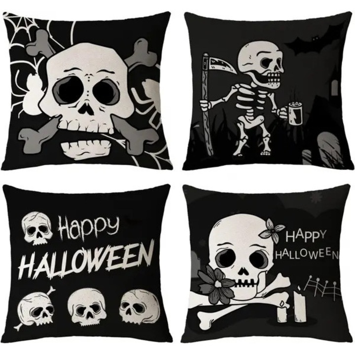 Set 4 huse perne decorative Halloween schelet fantoma negru 45x45cm