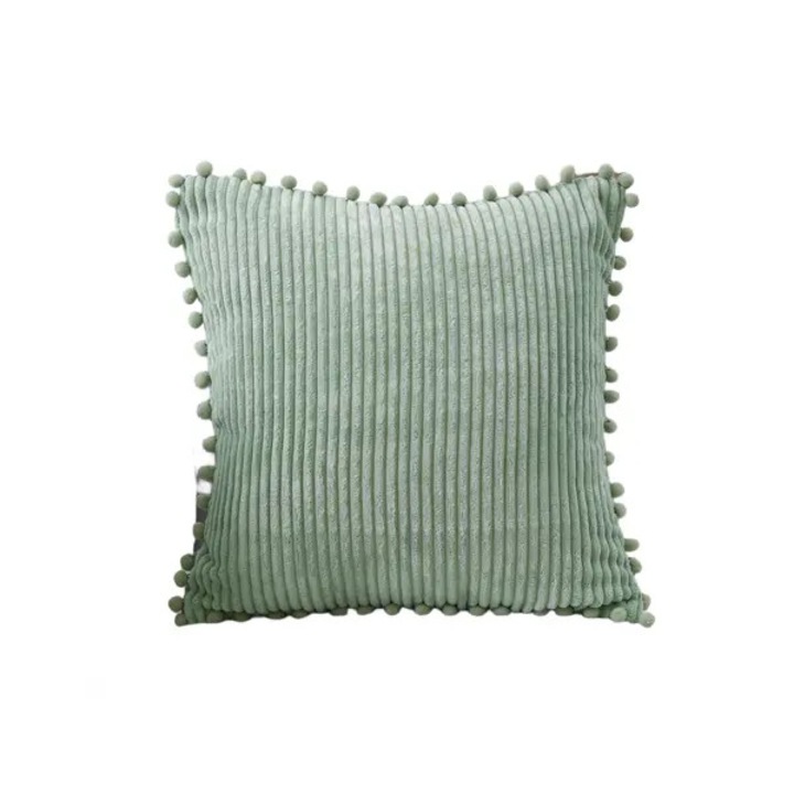 Husa perna decorativa corduroy, pompoane, verde, 45x45cm