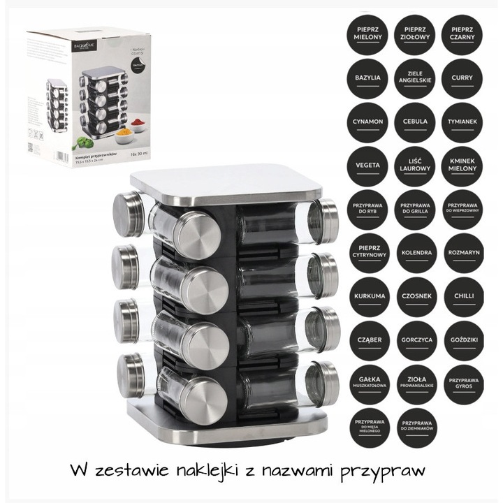 Set suport condimente Chomik 16 borcane sticla negru-argintiu 15,5x15,5x24cm
