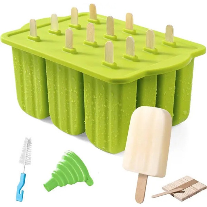 Set 12 forme silicon pentru inghetata, capac, 50 bete, 17.3x13x9.5 cm