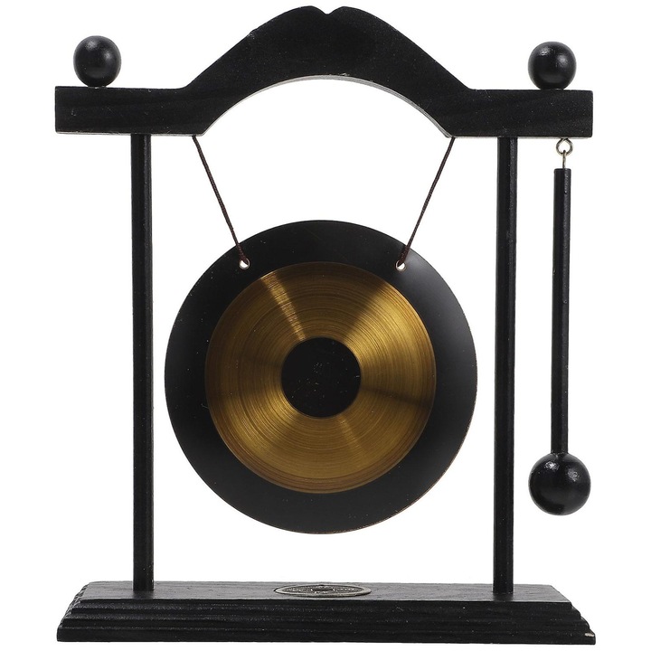 Set gong birou, bronz si lemn, 24x20.8x7cm, ciocan 14.3x2x2cm, auriu