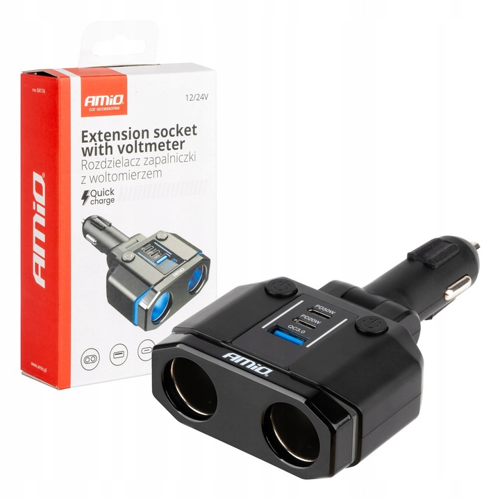 Amio AMIO-04174 szivargyújtó adapter, 2x PD (30W/20W) + QC3.0, voltmérő, 12/24V, fekete