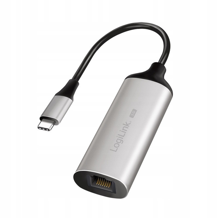 Адаптер Ethernet USB-C към RJ45 LogiLink 6OVTYKYA, 5 Gbps, пълен дуплекс, съвместим с Thunderbolt 3/4, plug-and-play, алуминиев корпус, сребрист/черен