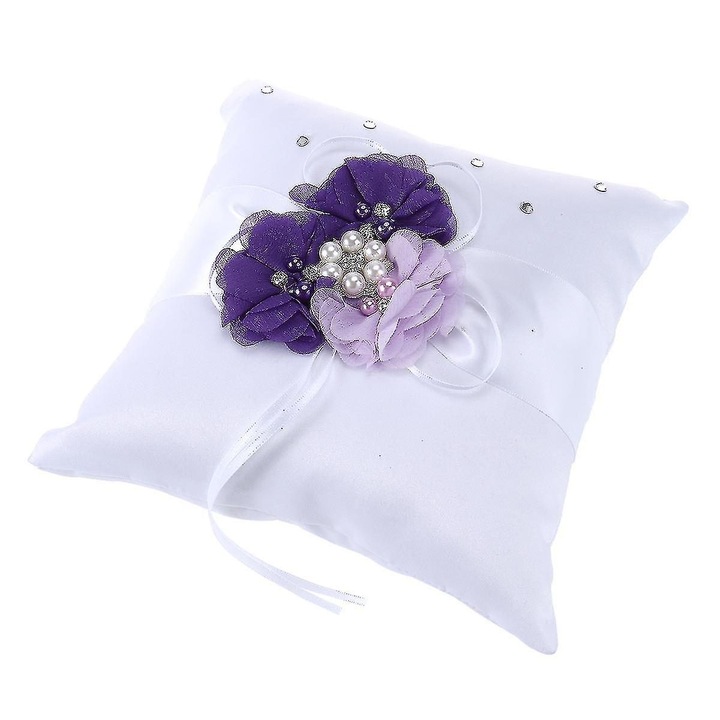 Perna nunta, 20x20cm, satin, decor perle si flori mov