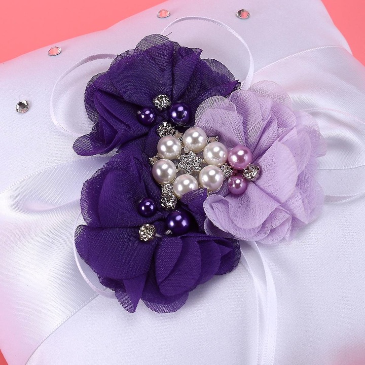 Perna nunta, 20x20cm, satin, decor perle si flori mov