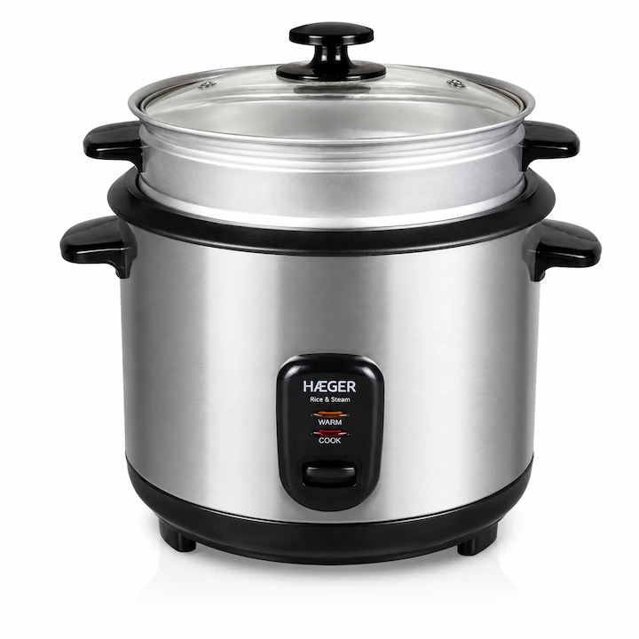 Aparat de gatit orez si aburi HAEGER RICE & STEAM, Capacitate 1.8L, Putere 700W, Functie de gatit cu aburi, Pastreaza orezul cald automat, Argintiu