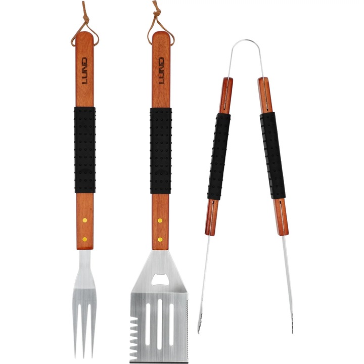 BBQ szerszámkészlet, MAMUTH, rozsdamentes acél, fa fogantyúval, 3 darabos, 51, 5x3, 6cm, 52x9cm, 45x6, 5cm
