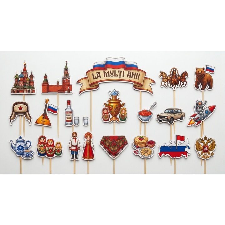 Set toppere tort RUSIA, DecoParty, 19 figurine, carton, suporti din lemn inclusi
