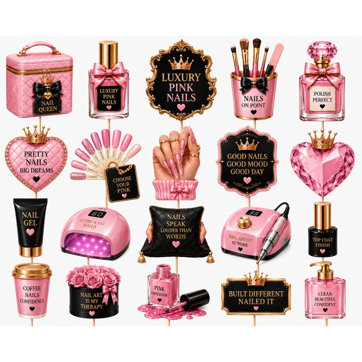 Set toppere tort Luxury Pink Nails, 20 figurine, carton, suporti din lemn inclusi